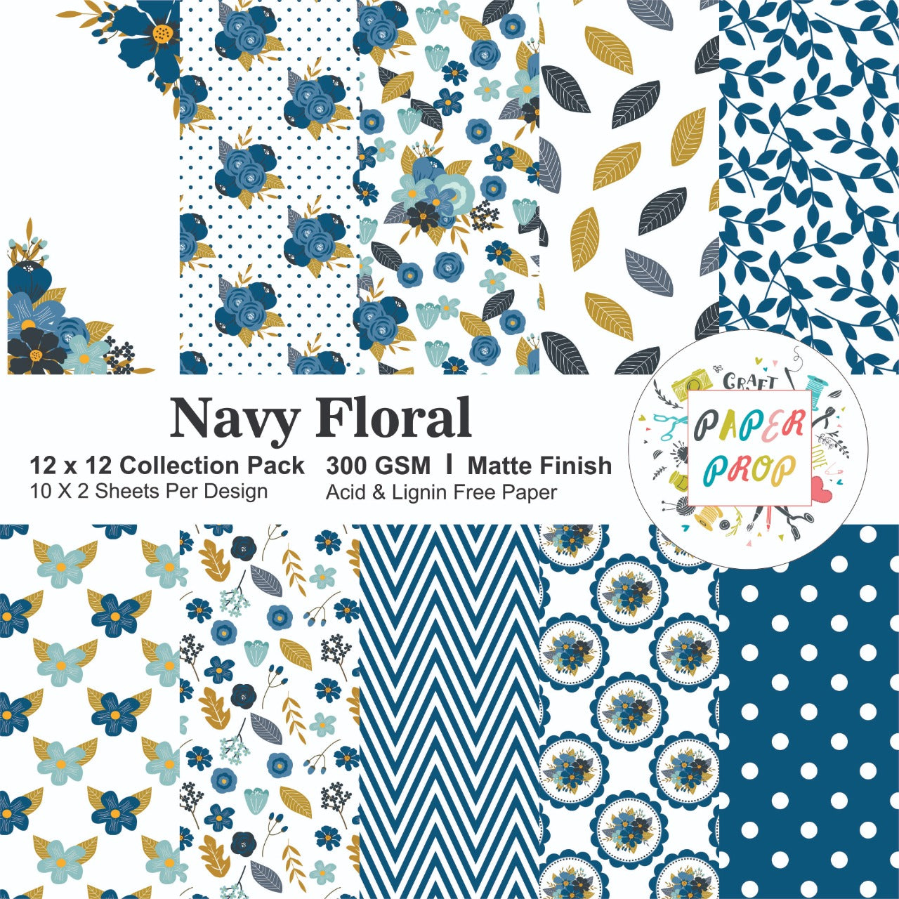 Navy Floral- 12 x12 inch- 20 Sheets