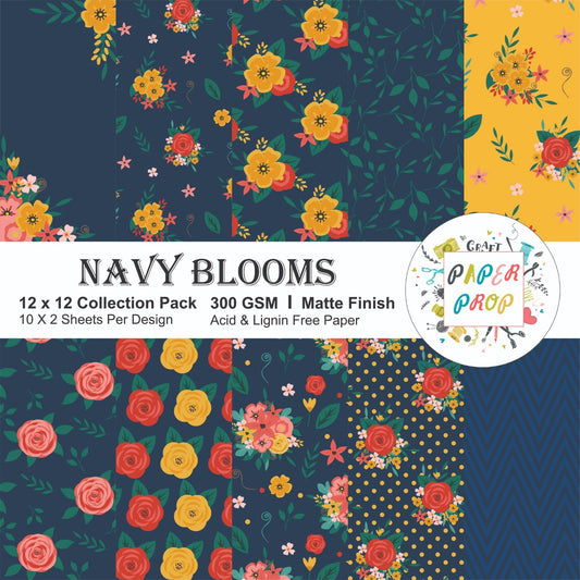 Navy Blooms- 12 x12 inch- 24 Sheets