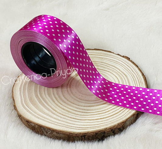 Polka Printed Ribbon- Dark Pink- 14 metres approx